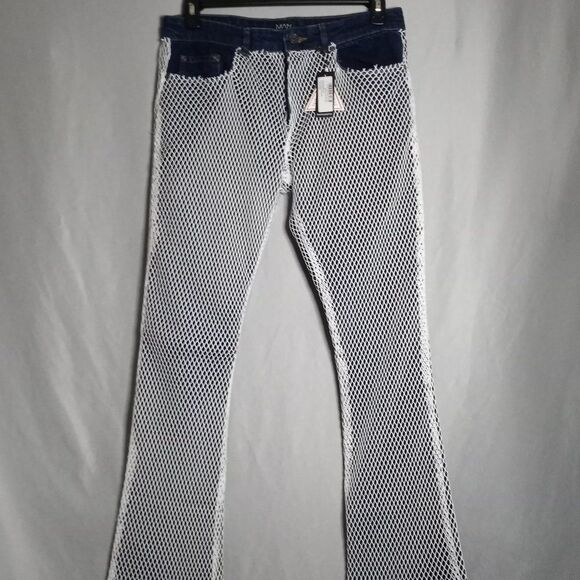 BOOHOO Man Coachella7 Men's Slim Button Fly Flare Fish Net Overlay Jeans Size 32